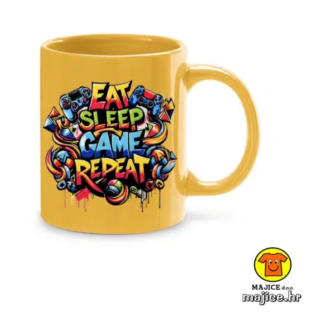 EAT SLEEP GAME REPEAT šalica s natpisom
